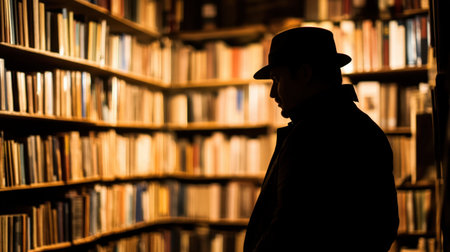 Silhouette of a man in hat and trench coat, standing in dark library, mysterious spy atmosphereの素材