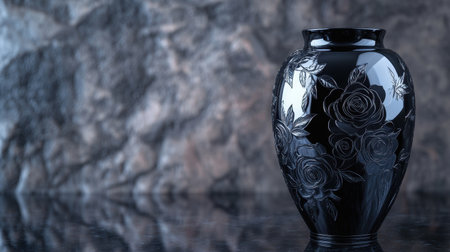 A glossy black vase with intricate rose patterns reflecting delicate floral designs, set on a contrasting sleek background.の素材