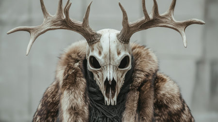 A haunting animal skull mask with majestic antlers and luxurious fur cape, evoking an air of ancient mystery and primal strengthの素材
