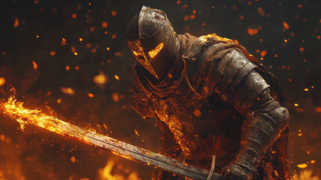 A knight covered in molten armor, holding a sword engulfed in fire, stands poised for battle against a backdrop of burning embers.の素材