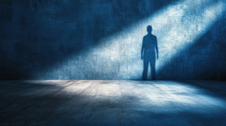 A dark, elongated shadow of a person cast against a rugged concrete wall under dim, eerie lighting, creating a suspenseful, ominous atmosphere.の素材