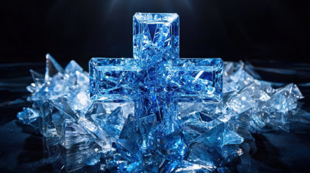 Blue crystal cross on a dark backdrop, radiating intricate light reflections, showcasing artistic elegance and skillの素材