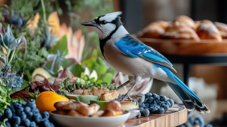 Canada Jay perched near an array of nature-inspired foods, fresh ingredients artfully arranged, inspiring culinary creativityの素材