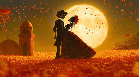 Catrina and her lover silhouettes cast against a full moon, marigold petals swirling in the night air on Day of the Dead.の素材