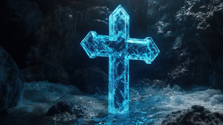 A stunning blue crystal cross glows in low light, revealing detailed artistry in a grand dark setting for visual impactの素材