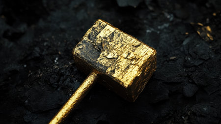 Artistic tilt-shift view of a golden mallet on black, with high contrast and dramatic lighting enhancing the mallet textureの素材