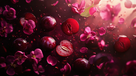 Aerial view of vibrant red plums floating with sliced pieces, creating an elegant display of fresh colors and texturesの素材