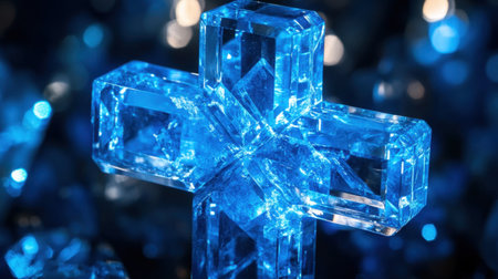 Close-up of an illuminated blue crystal cross, set against a dark background to enhance detailed craftsmanship and beautyの素材