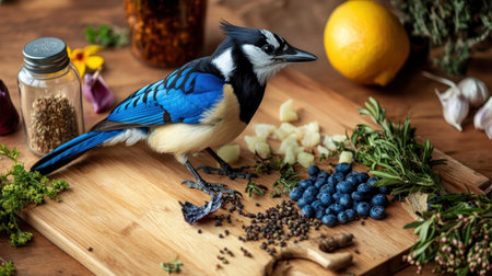 Close-up of Canada Jay with a beautiful spread of fresh ingredients, showcasing the artistry of nature in culinary formの素材
