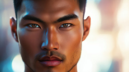 Closeup AI illustration of a handsome young man with Asian features, capturing refined details and a soft, modern aesthetic.の素材