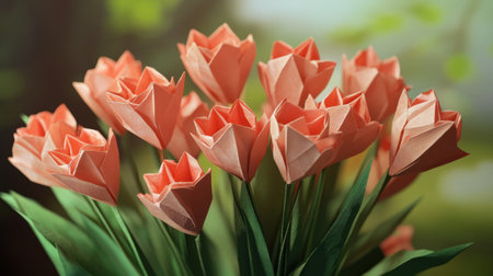 A beautiful arrangement of tulips made in origami style, each flower a piece of art, representing the freshness and vibrancy of springの素材