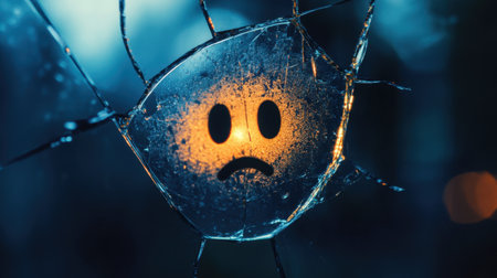 Shattered glass with a sad emoticon highlighted in the center, symbolizing emotional cracks and vulnerability.の素材