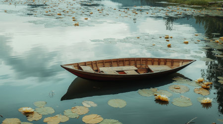 A Shikara boat peacefully floating on the calm waters of Dal Lake in Srinagar, surrounded by serene beauty and majestic mountain reflections.の素材