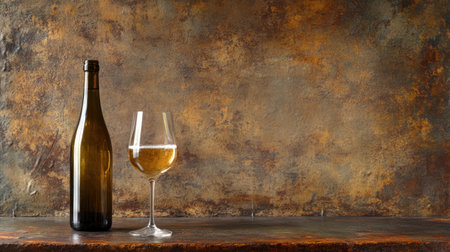 Wine flows from a bottle into a glass, set against a rustic brown backdrop, offering rich, moody tones with copy space for text or designの素材