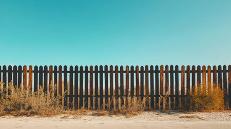 Wooden fence with black posts and trellises, captured with a minimalist aesthetic and set against a clear blue sky.の素材