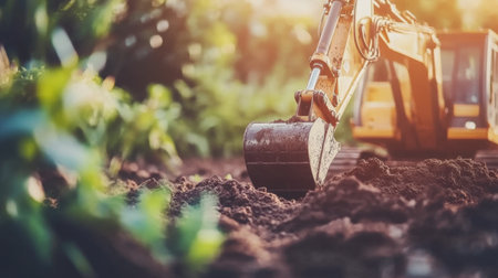 Mini excavator moving soil in a home garden, setting up for a landscaping project.の素材