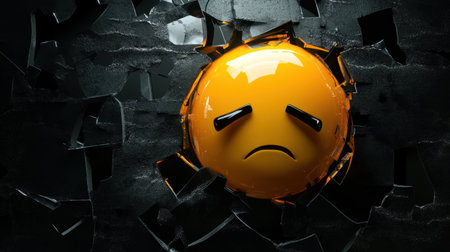 Sad emoji cast on a background of black shattered glass, expressing the idea of emotional breakage.の素材