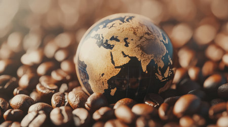 Textured earth globe surrounded by coffee beans, emphasizing the global reach and importance of coffee trade.の素材