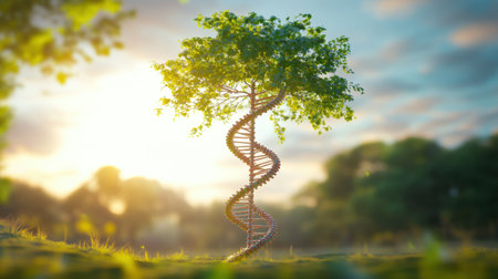 Tree with a double-helix trunk standing tall, showcasing the connection between natural life and biological structure.の素材