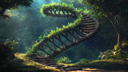 Tree trunk spiraling in the form of a DNA helix, representing the fusion of nature beauty with genetic scienceの素材