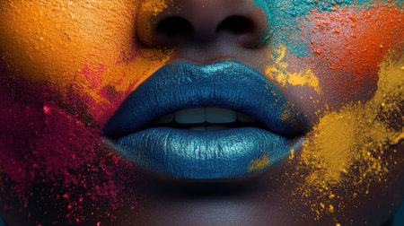 Artistic colored lips with splashes of vivid paint, creating a bold and dynamic look for an art posterの素材
