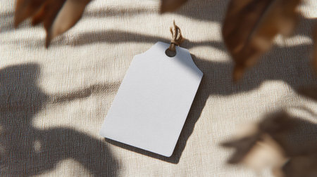 Professional clothing tag mockup with rounded edges, clean label design on cotton fabric background, soft shadows enhancing natural lookの素材