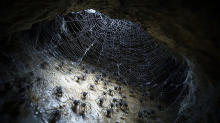 Spiders in webs, cave at night, dark and creepy with looming shadows, invoking arachnophobiaの素材