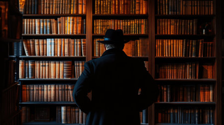 Mysterious man in hat, silhouette in dark library, classic spy theme with shadowed bookcasesの素材