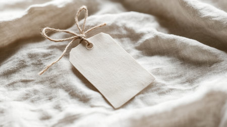 Minimalist clothing tag with rounded corners, clean label, resting on soft cotton fabric, natural and elegant presentationの素材