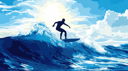 Surfer in silhouette riding waves, panoramic seascape, summer sun shining over wide, expansive oceanの素材