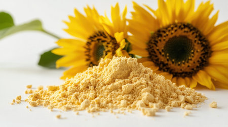 Bright yellow sunflower lecithin powder spills from a small heap on white background, with a sunflower blossom softly visible behindの素材