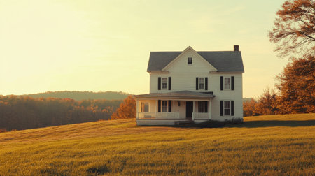 Afternoon sun illuminates the classic beauty of a house with horizontal lap siding, enhancing its rustic appealの素材