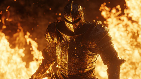 A fierce knight in flaming armor, wielding a fiery sword amidst an intense blaze, ready to confront a legendary challenge.の素材