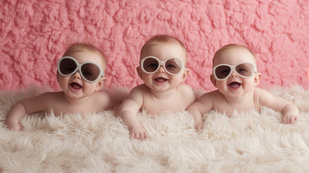 A vibrant studio filled with laughter as three babies in oversized sunglasses playfully pose for the cameraの素材