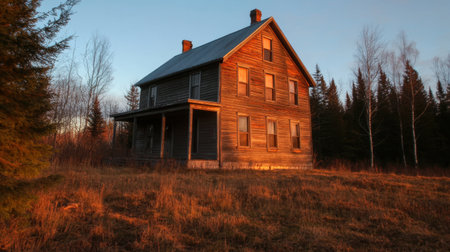 Afternoon sun illuminates the classic beauty of a house with horizontal lap siding, enhancing its rustic appealの素材