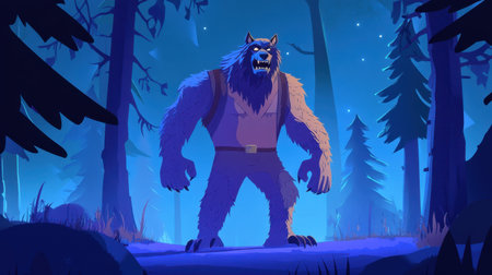 Werewolf man in cartoon style, standing in foggy forest at night, dark, spooky, and mysteriousの素材