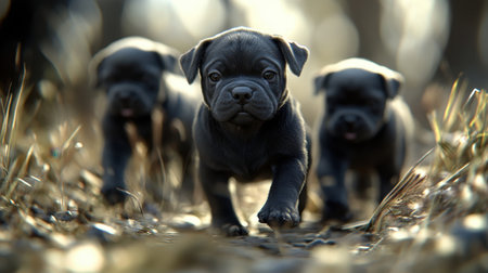 Cane Corso puppies frolicking in tilt-shift style, capturing joy and texture with a depth of field that brings focus to each detailの素材