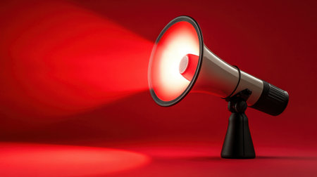 Clapper board and megaphone under spotlight, arranged on a red background, ideal for film and media enthusiastsの素材