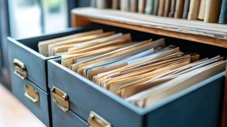 Clean, minimalist archive with neatly organized documents, promoting a streamlined lifestyleの素材