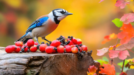 Canada Jay and vibrant ingredients form a scenic display, fusing wildlife photography with culinary inspirationの素材