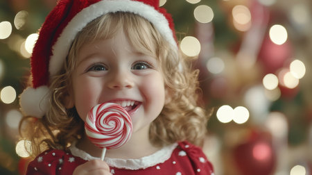 Christmas-themed toddler, smiling brightly while savoring a red-and-white swirled lollipop, festive cheer in every detailの素材