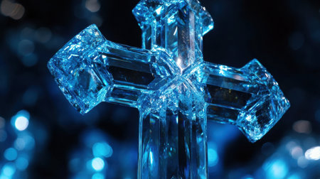 Close-up of an illuminated blue crystal cross, set against a dark background to enhance detailed craftsmanship and beautyの素材