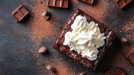 A decadent brownie topped with fluffy whipped cream, rich cocoa tones for gourmet dessert loversの素材