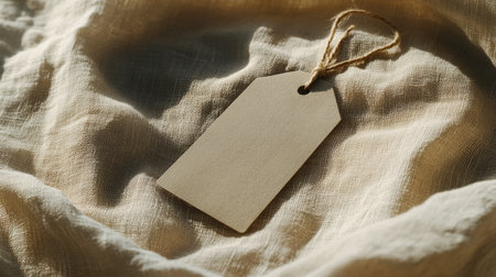 Elegant clothing tag mockup with rounded edges, soft shadows, placed on a natural cotton fabric background, professional lookの素材