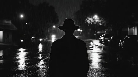 Dark silhouette of male figure in hat and coat on rainy night street, ominous and suspensefulの素材