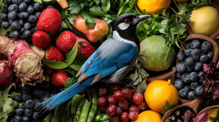 Canada Jay perched near an array of nature-inspired foods, fresh ingredients artfully arranged, inspiring culinary creativityの素材
