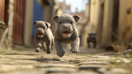 Playful Cane Corso pups in tilt-shift effect, creating a miniature world with rich fur textures and endearing, joyful expressionsの素材