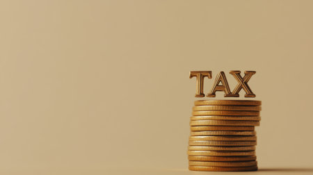 Coin stack beside TAX word on a clean backdrop, reflecting financial planning and tax preparation essentialsの素材