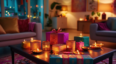 Diwali decor with glowing diyas surrounding vibrant gifts in a beautifully arranged living room, warm and invitingの素材