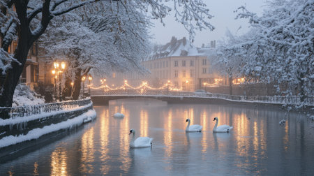 Elegant swans gliding across a snowy river in Strasbourg, low-light scene with frosty reflectionsの素材